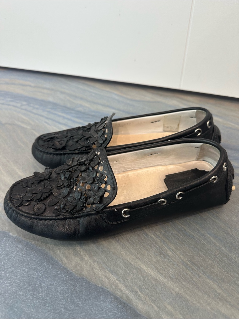 Dior Black Floral Appliqué Leather Moccasins - Women 36 US 6